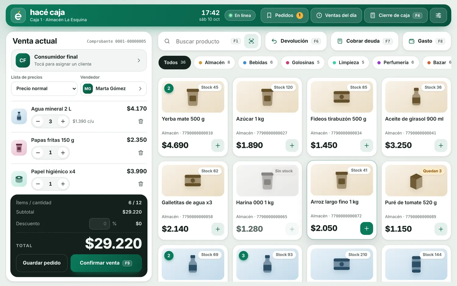Hacé Caja en una compu: la venta actual a la izquierda y el catálogo de productos a la derecha