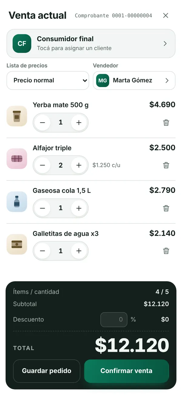 Venta actual con cliente, lista de precios, vendedor, productos y total