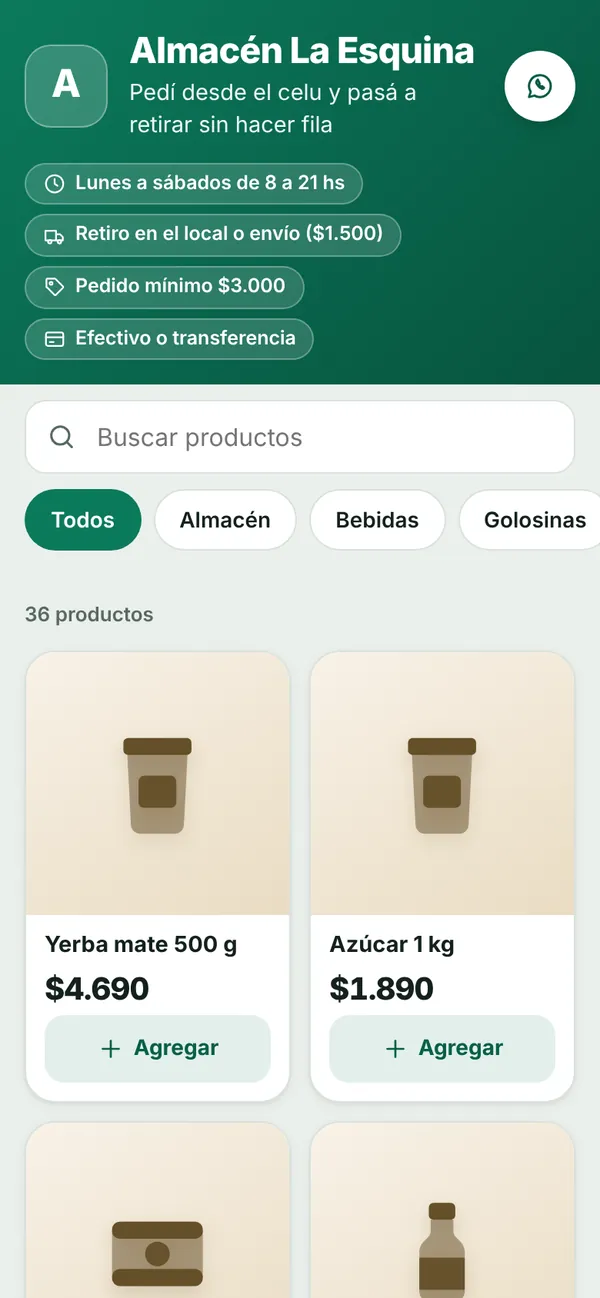 El catálogo online que ve el cliente: nombre del negocio, horarios, buscador, categorías y productos con foto y precio