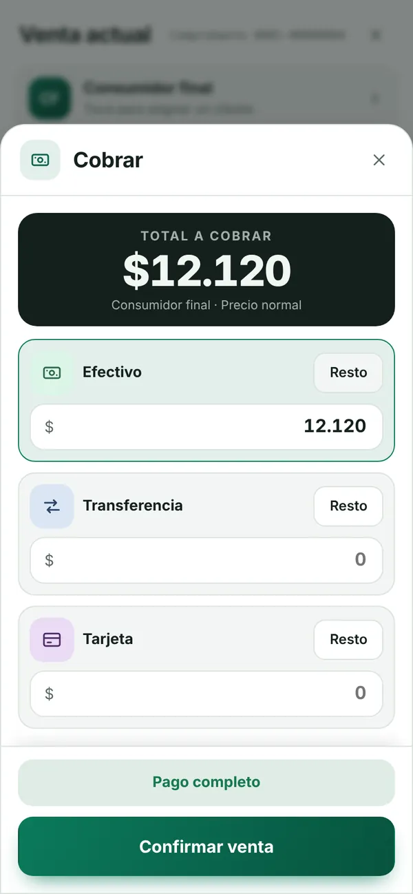 Ventana de cobro con efectivo, transferencia y tarjeta