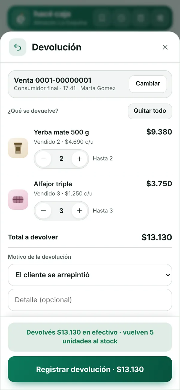 Devolución de una venta con los productos, el motivo y el total a devolver