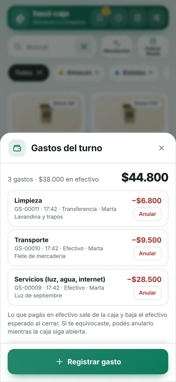 Gastos del turno: limpieza, transporte y servicios con su importe, cómo se pagaron y quién los cargó