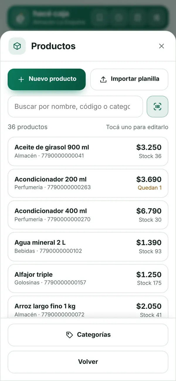 Lista de productos con precio y stock, y botones para agregar o importar una planilla