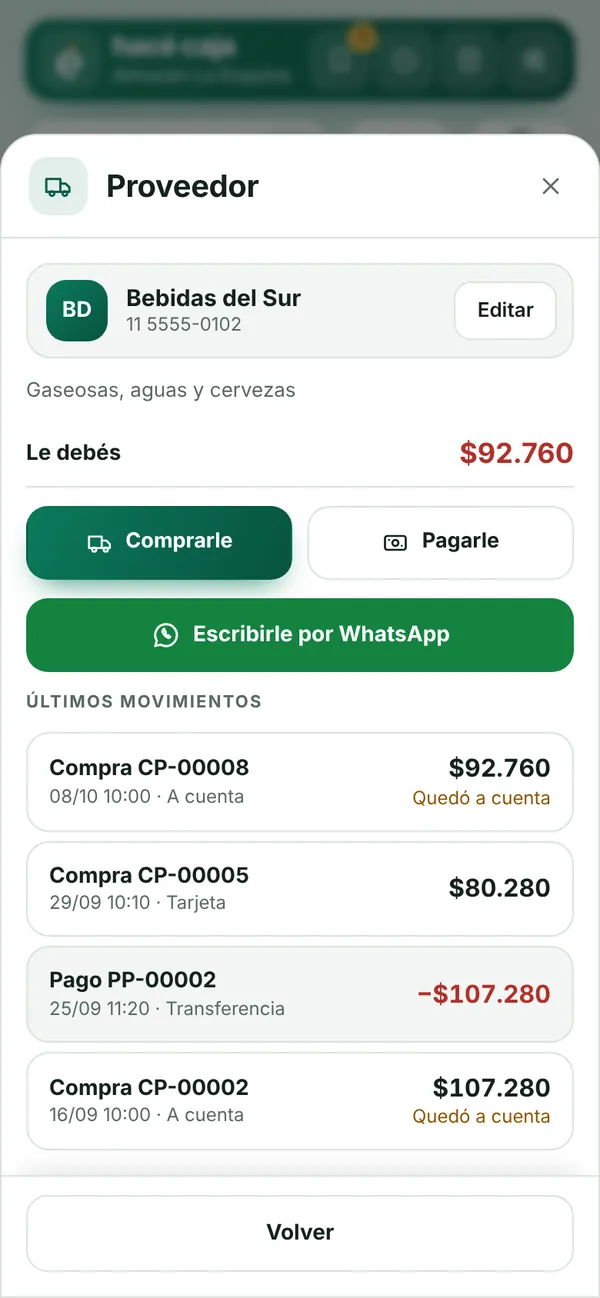 Ficha de un proveedor: lo que se le debe, botones para comprarle y pagarle, y los últimos movimientos