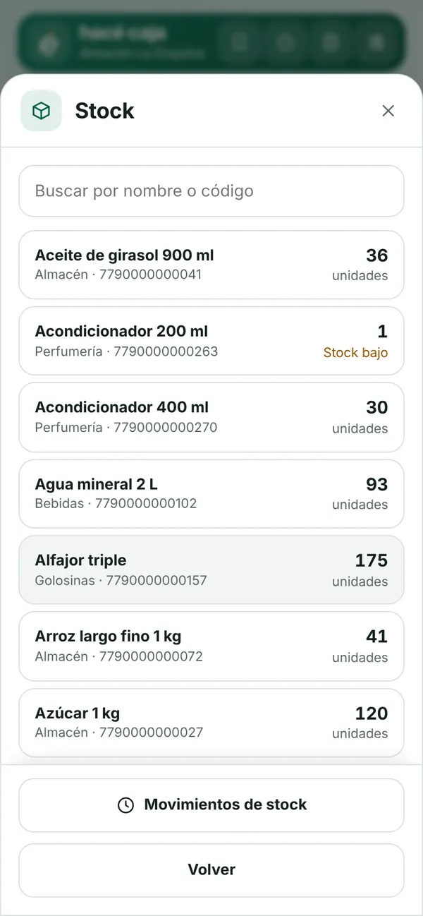 Lista de stock con las unidades de cada producto y aviso de stock bajo