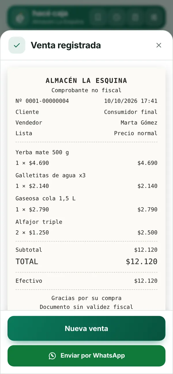 Comprobante de la venta con el detalle de productos y el total