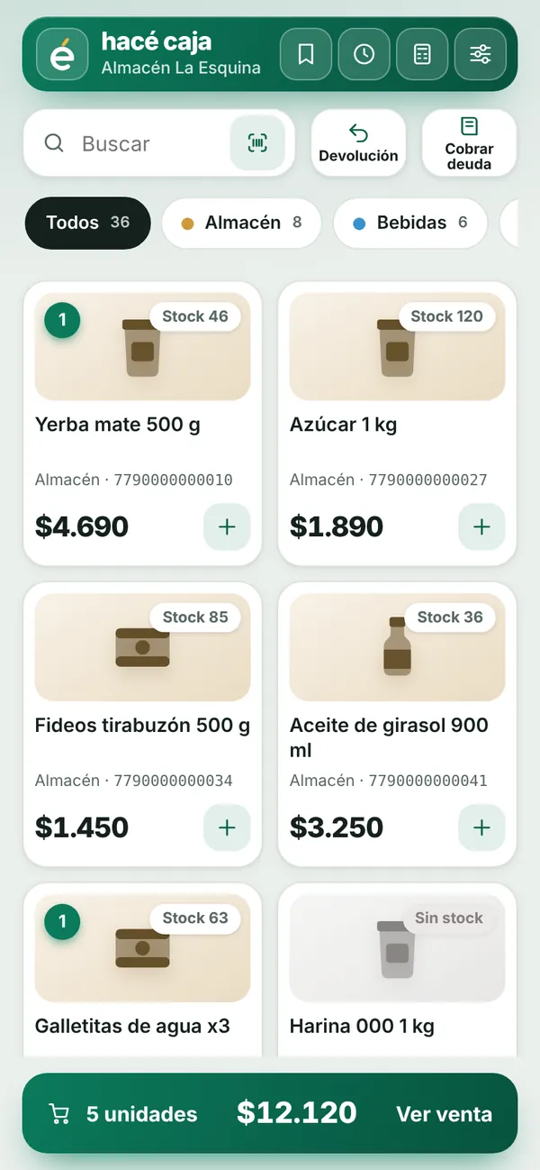 Pantalla de venta de Hacé Caja en un celular: productos con su stock y precio, y abajo el total de la venta en curso
